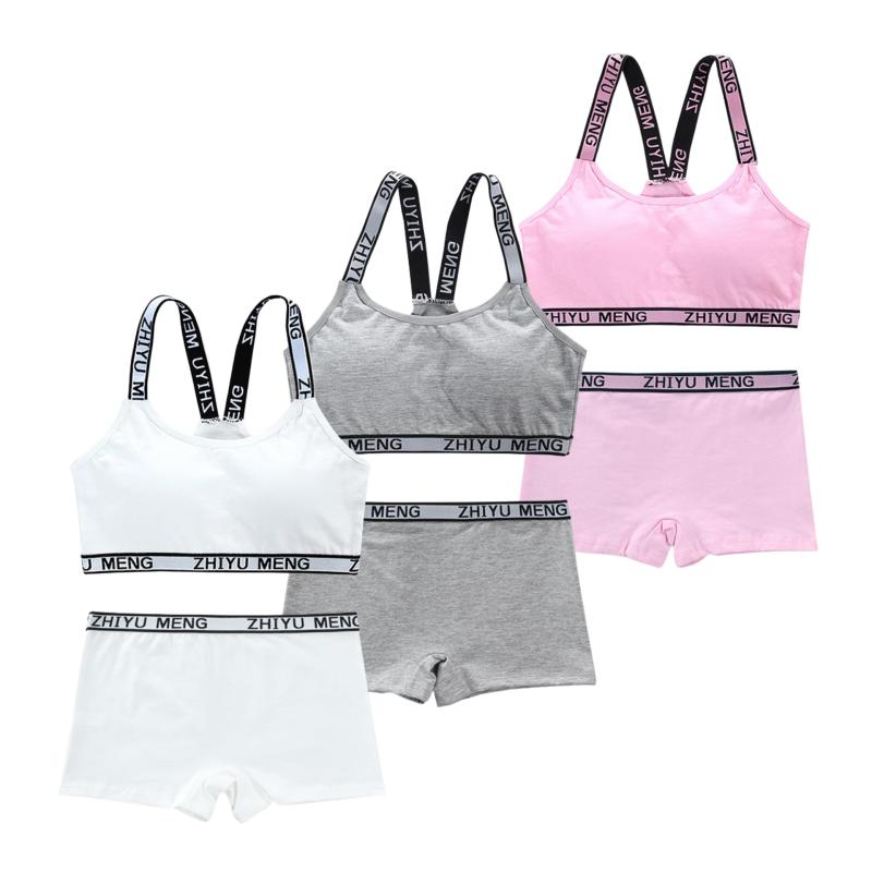 [FARFADET] スポーツブラ ボクサー パンツ ハーフトップ ジュニア ブラジャー カップ付き 上下セット インナー ガールズ 3色組