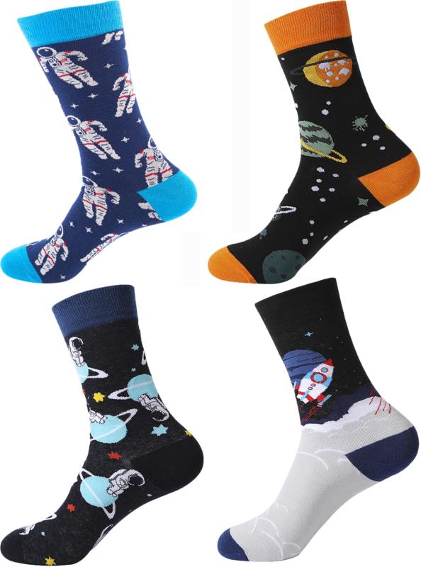 [Miracroute] 4足 セット 宇宙 飛行士 25-27cm メンズ クルー ソックス ロケット UFO 星 惑星 柄 靴下 コーデ おしゃれ パイロット