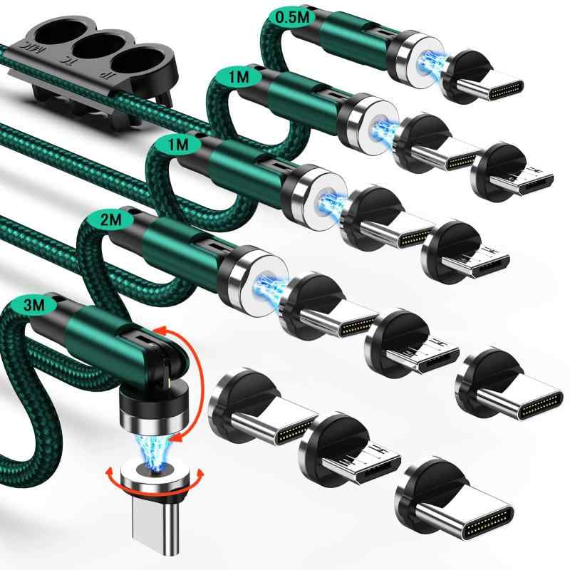 マグネット 充電ケーブル 【5本セット/0.5+1Mx2+2M+3M＆12コネクタ】 LEDライト内蔵 USBケーブル 3in1 充電器 マグネット 540°回転可能 急速充電 防塵 USBC Micro USB Phone 全機種対応