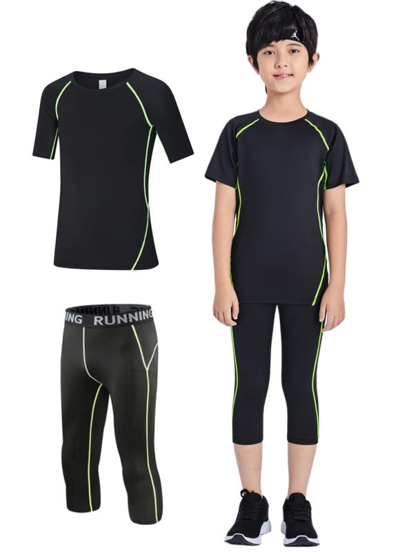 [G-UYO] キッズ アンダーウェア 半袖 7分丈 タイツ 上下 セット シャツ スパッツ 子供 サッカー ジュニア コンプレッションウェア ランニングウェア スポーツ 吸汗速乾 伸縮性 通気性100-170