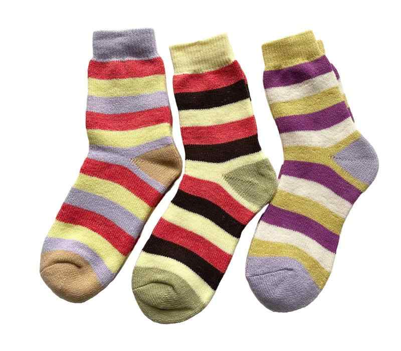 ソックス レディース 暖かい 靴下 レディース 保温 秋冬 あたたかい 厚手 柔らか パイルソックス ボーダー柄 3足組（色はお任せ）