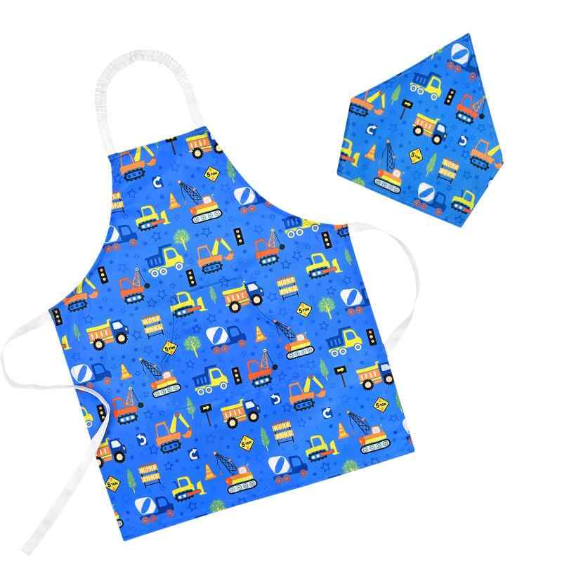 [Athbavib] キッズエプロン トラック 車 ブルー 三角巾付き ポケット付き 子供用エプロン 前掛け 調節可能 50*60cm 防水コットン 男の子 女の子 幼稚園 小学生 クレーン ショベルカー 信号 星 手