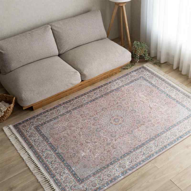 サヤンサヤン リンド メダリオン ボタニカル アンティーク プリントラグ パウダーブルー アプリコット