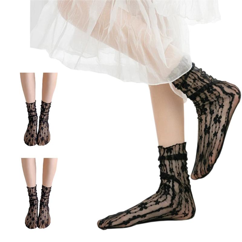 [Sitengle] クルーソックス 薄手 ソックス レディース 透ける レース 2足組 かわいい シースルーソックス 靴下 夏 女性 透ける 通気 お出かけ 普段使い