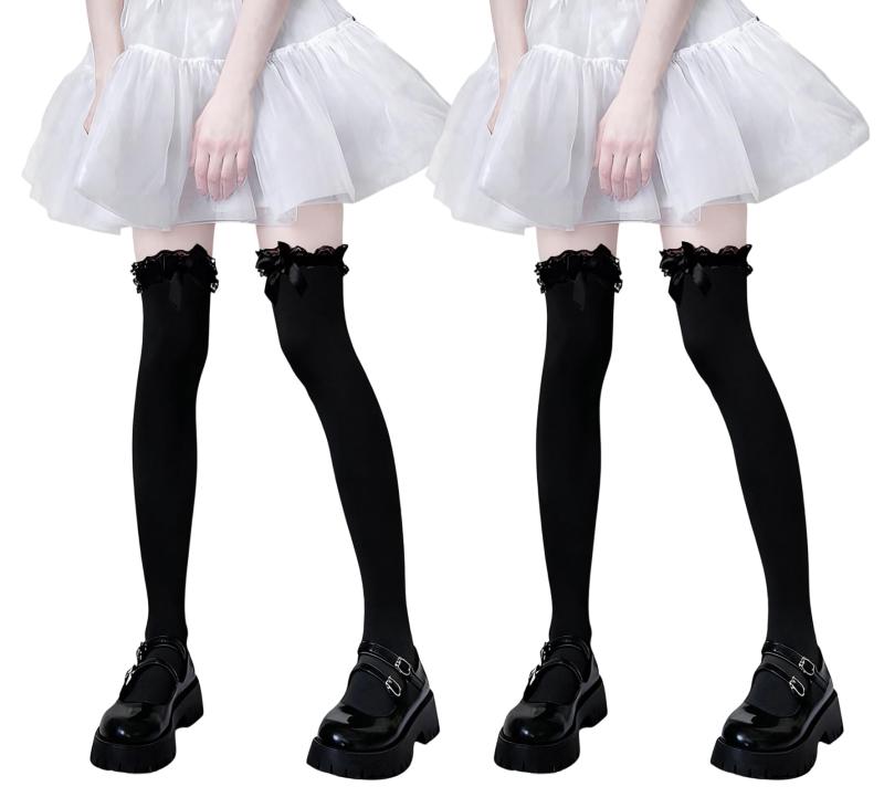 [SHUCLASS] ニーハイソックス レース付きニーハイ ハイソックス ロリ系 レディース 可愛い cosplayや制服用 オーバーニーソックス 通学 ひざ下 靴下 美脚ソックス 靴下 レース付きハイソックス