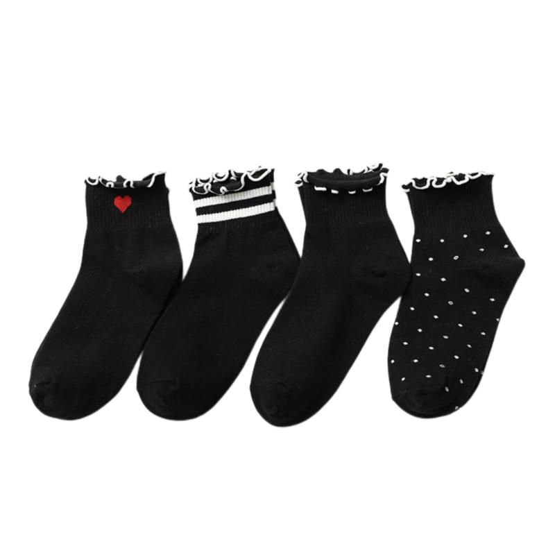 [Qzkouma] レディース 靴下 ショート ソックス 4足セット フリル クルーソックス JK 可愛い 履き口くるくる リブソックス 22～24cm EBZH-92