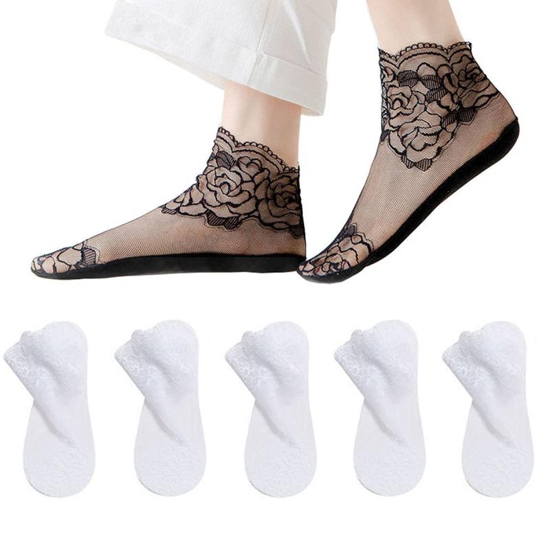 [APMNIX] [5足 セット]くつした レディース くるぶし 夏用レディース靴下 くつ下 ストッキングソックス フットカバー 脱げない レース ソックス レースソックス 靴下 レディースくつした 綿 黒