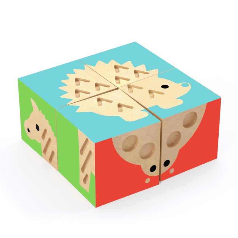 DJECO ジェコ タッチベーシック 木製パズル キューブパズル 立体パズル 3D ブロック 六面画 つみき 絵合わせ どうぶつ 知育玩具 知育パズル モンテッソーリ 1歳 2歳 3歳 男の子 女の子 幼児 赤