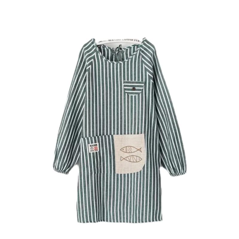 【Y&amp;Y&amp;Y】エプロン割烹着ストライプおさかな かっぽう着 ゴム袖 保育 料理 人気 長袖 スモック..