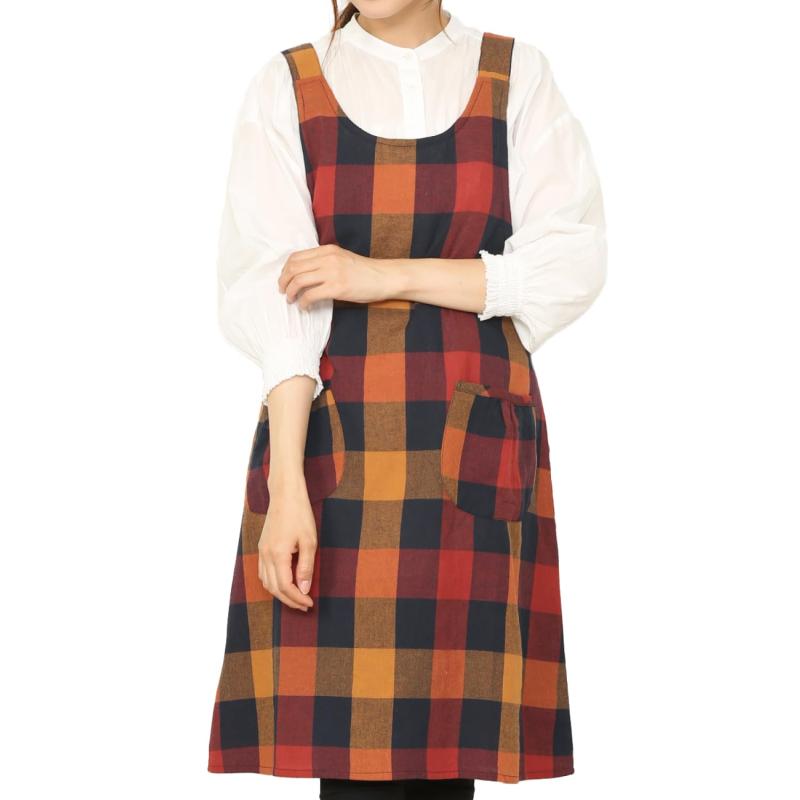 [ニシキ] エプロン レディース おしゃれ 可愛い かぶるだけ 綿100％ 肌に優しい ロング丈 ポケット付き..