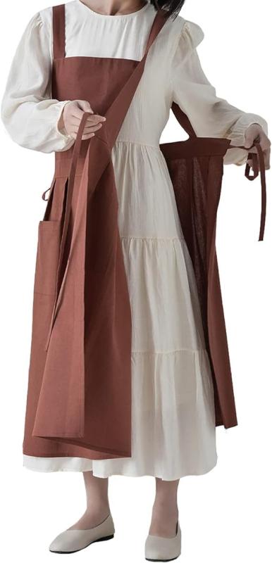 [Bobo & Hanhan] エプロン ワンピース レディース 綿100％ 2way 撥水 ひざ丈 花柄 無地 ゆったり ポケット付き 北欧風 大きいサイズ