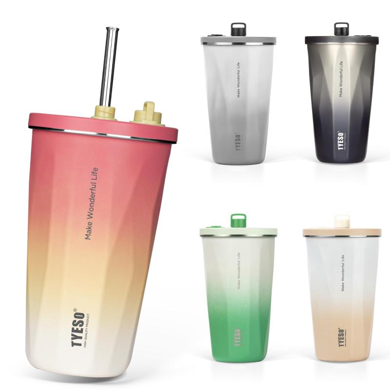 TYESO タンブラー ストロー付き ステンレス 広口 真空断熱 ホームオフィス アウトドア 多色 保温 保冷 ふた付き 600ml 大容量 女の子 男の子