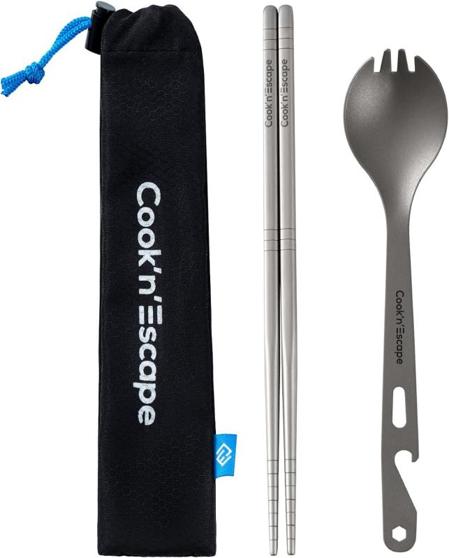 COOK'N'ESCAPE チタン カトラリーセット スプーン フォーク ナイフ 箸 多機能 コンパクト 頑丈 メッシ..