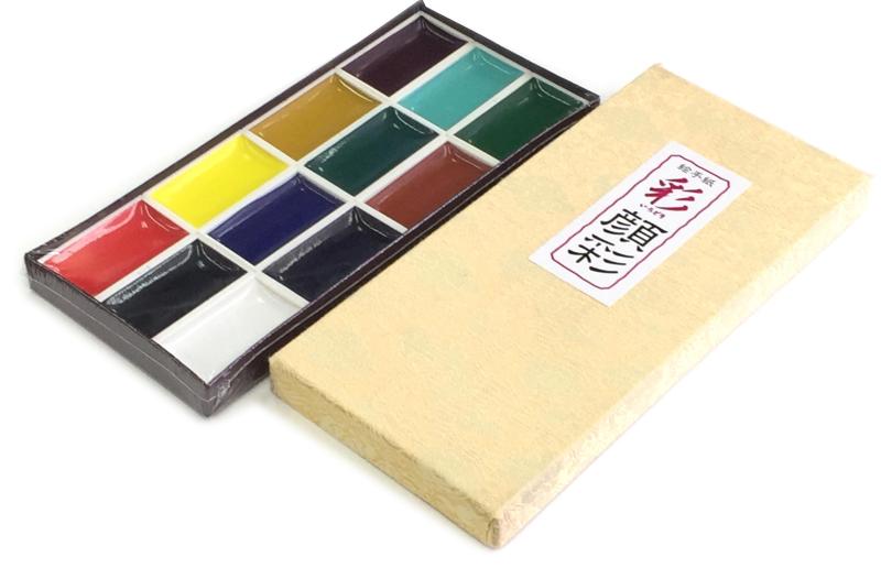 ホルベイン 彩 顔彩 12色セット 225101色名：円子、黄土、黄、朱、白緑、緑青、群青、藍、青草、袋赭、紫、胡粉