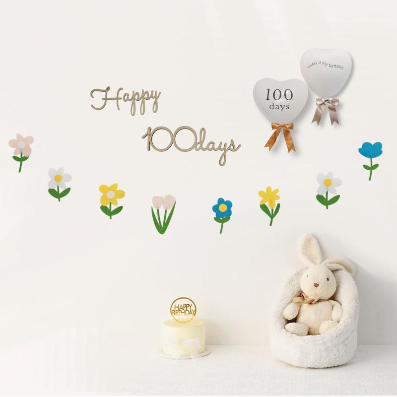 Garland - 木製 100日誕生日 ハーフバースデー レターバナー フラワー 飾り HAPPY 100DAYS フェルト製 フラワ ガーランド バースデー バルーン 飾り付け セット シンプル飾り 男の子 女の子 happy100days 100日