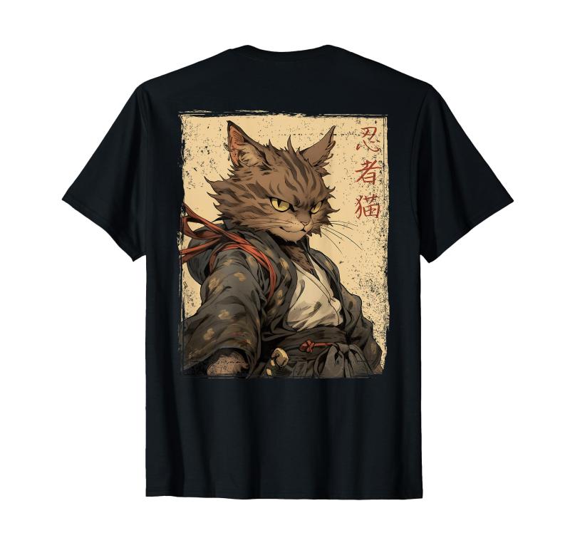 ヴィンテージ 日本の風景 侍 猫 漢字 (ART BACK) Tシャツ