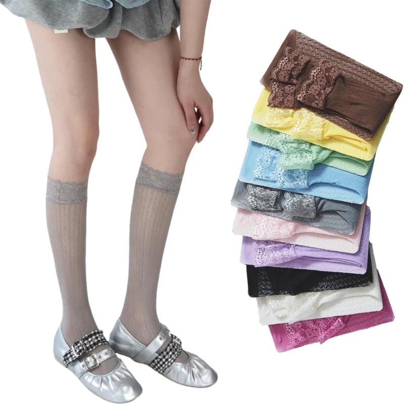 [Ekieta] ハイソックス レディース 総レース 透け感【オルフェ風幅広レース縁×繊細ドット網】 薄手 可愛い 通気性 滑り止め 柔らかい 網ストッキング ガーリー系 Y2K 靴下lolita 春夏