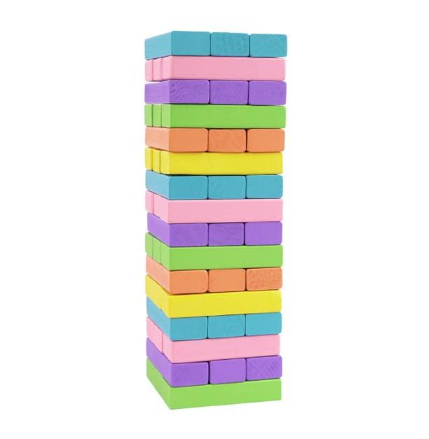 積み木 サイコロ付き 木製 バランスゲーム バランスタワー テーブルゲーム 立体パズル Tower Block タワーブロック ドミノブロック 骰子付き (6カラー 48PCS)
