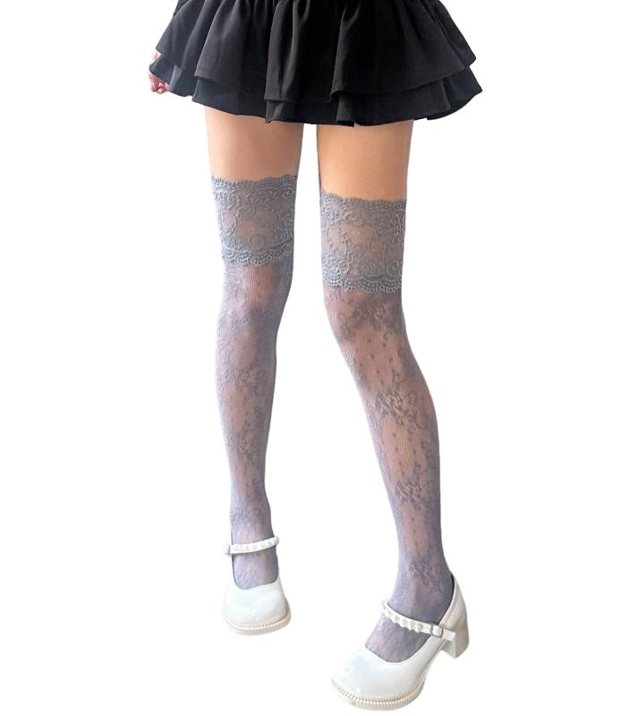 [Laisve] ニーハイソックス レディーズ レース 網タイツ ロングソックス レトロ カラフル 膝上丈 花柄 ..