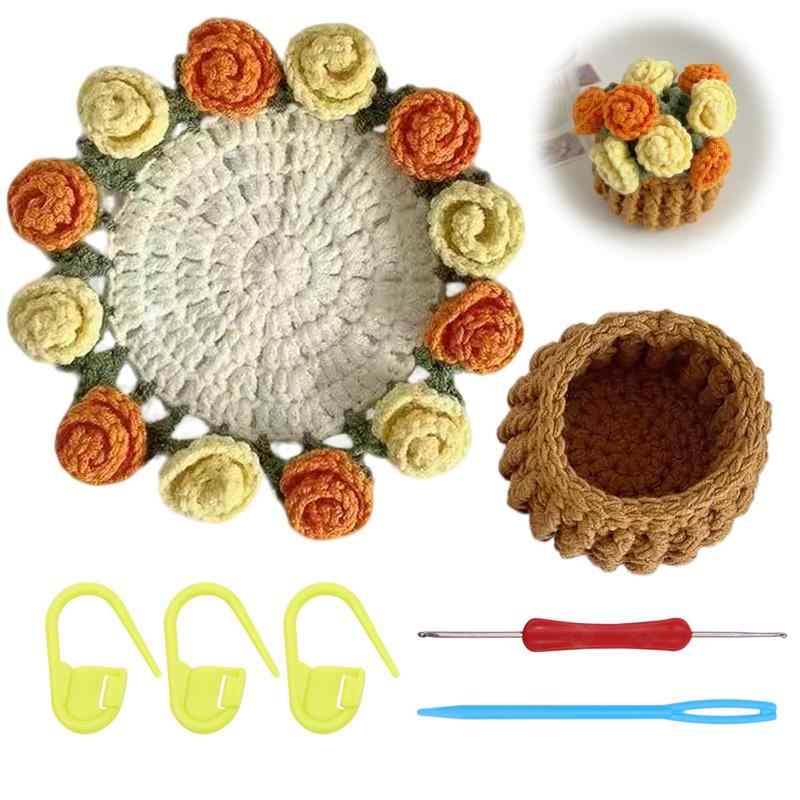 あみものキット 編み物道具付き（かぎ針*1+目印ボタン*3+手縫い針*1）チュートリアルビデオが付属 花の..