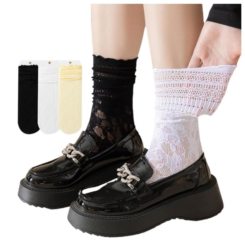 [Qzkouma] 総レース 靴下 レディース 3足セット 中空 ソックス 夏 メッシュ クルーソックス 履き口くるくる LSQW-86