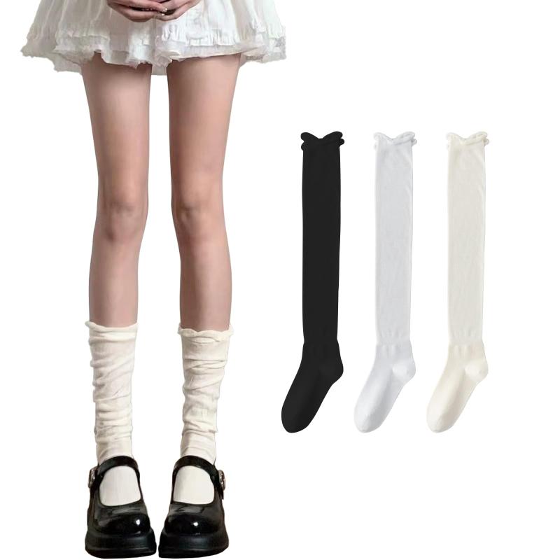 [Kayiyasu] ハイソックス レディース 靴下 薄手 ストッキング セット ソックス 黒 白 可愛い 美脚 ふくらはぎ靴下 ゆったり おしゃれ 伸縮性 通気 学生 通学 通勤 cosplay 春 夏 秋 3足/4