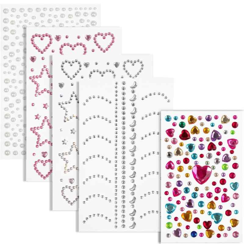 Matomtakラインストーンフェイスシール 顔 シール 5枚 クリスタル 3D パール カラフルなフェイスステッカー 光る ラインストーン デコ星 月 ハート型 デコパーツ 貼り付け可能 キラキラ カラフのサムネイル