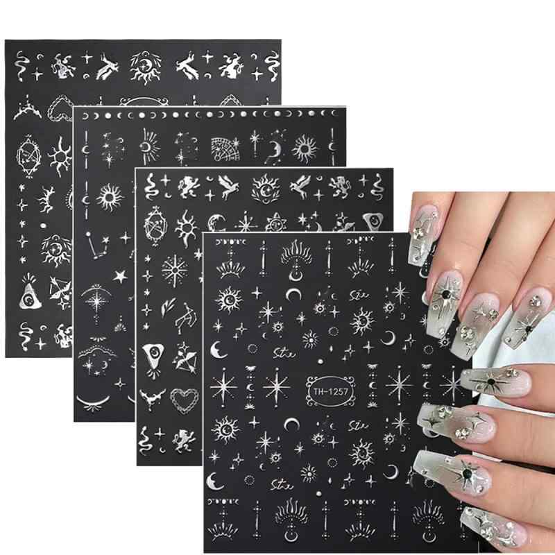 LISMYAKEY ネイルシール 4枚セット シルバー 3D立体感 星 月 太陽 ネイルパーツ シール 貼るだけ おしゃれ ネイルステッカー ジェルネイル ネイルアートシール デコパーツお洒落 人気 [並行輸入