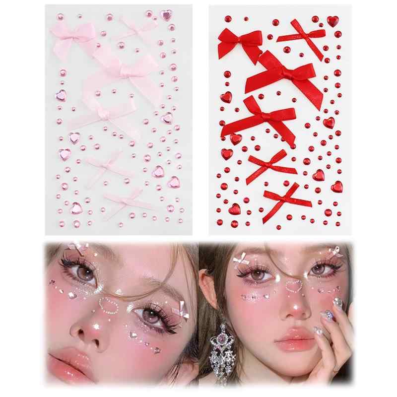 Doyime 顔 シール (2枚セット) フェースステッカー ハート リボン キラキラ ラインストーン ラインストーンステッカー 自己粘着性 3D 光る 貼り付け簡単 DIY ネイルデコパーツ 顔面デコ 携帯電