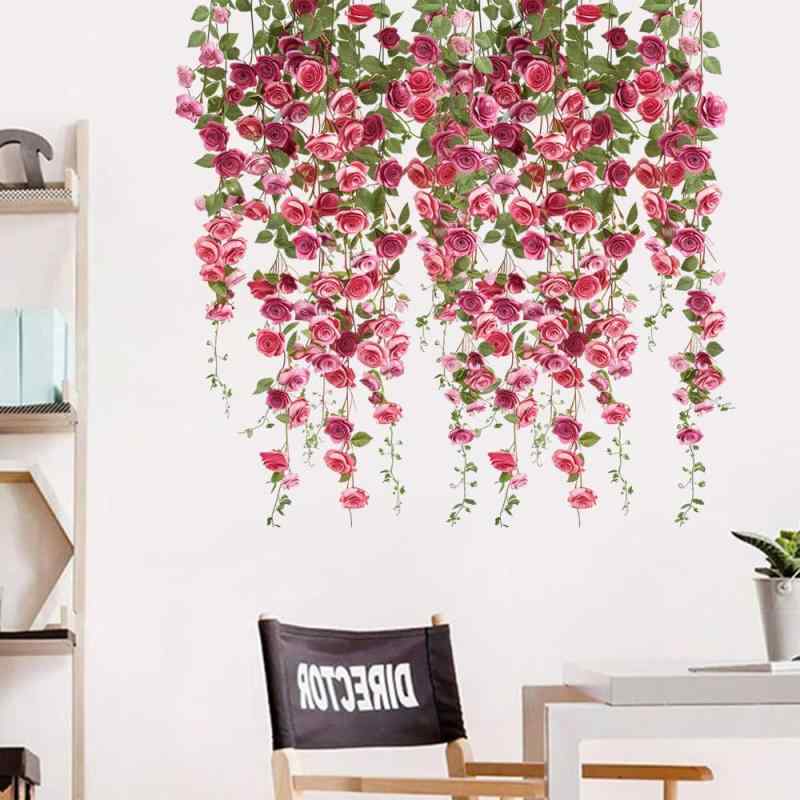 Rakuten - ピンクローズ ウォールステッカー バラ つる植物 花柄 壁紙シール 取り付け簡単 壁飾り グリーンリーフ付き 部屋 寝室用 ステッカー 装飾用 ウォールシール 剥がせる インテリア 壁装飾