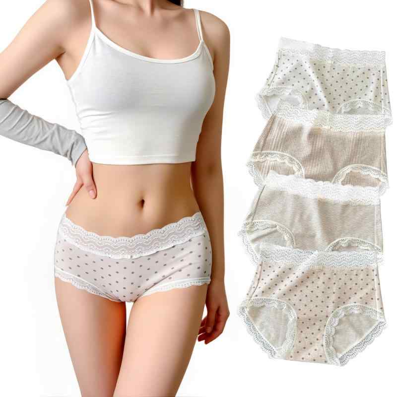 [REPROMGO] レディース 女性 下着 ショーツ レース 4枚組 パンツ セット 可愛い 綿92% 締め付けない 美尻 お腹まで包む 深め 柔らか すっぽり パンティ 大きいサイズ 通気 伸縮 インナー シームレ