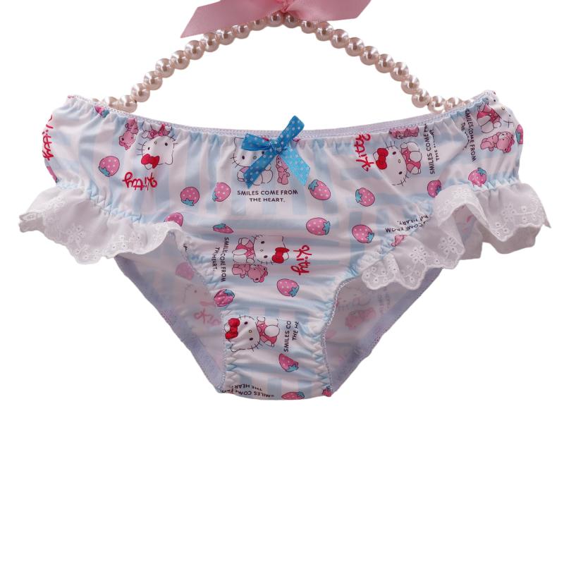 [Fuwannoro] ショーツ 可愛い 高校生 かわいいクキャラクター柄プリントり ギンガムチェック柄 パンツ レディース 下着, フリル付き, ライトブルー, リボン装飾 ローライズ り柔らか 透気快適