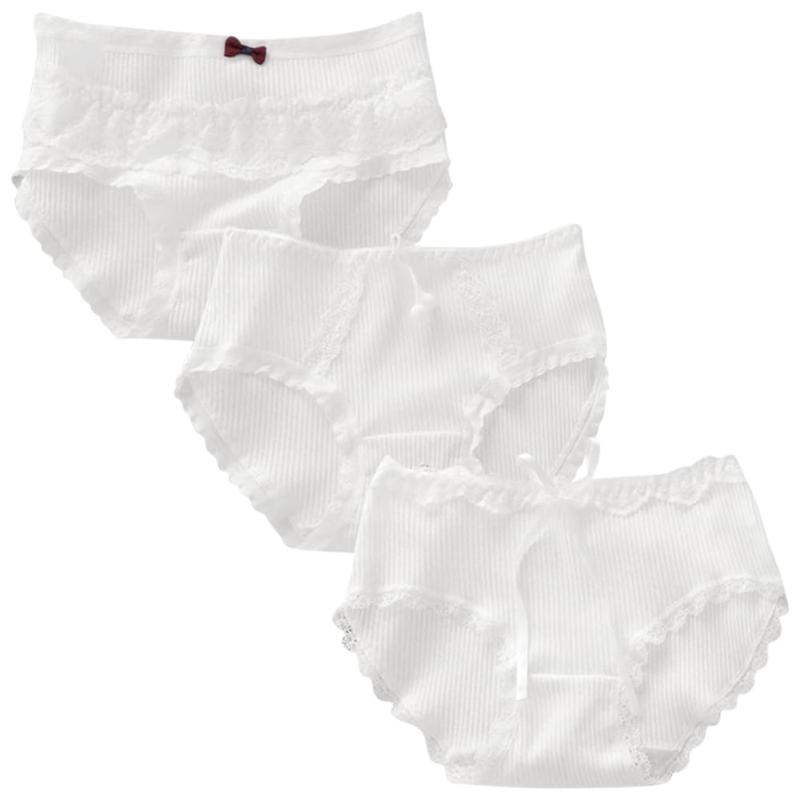 [TUOTISI] ショーツ ガールズ 可愛い パンティ 綿 レギュラー スタンダードリボン レース付き 女性用 ヒップ包み込み 下着 インナー ナイトウェア リブ編み 学生用 薄手 ホワイト 3枚入り