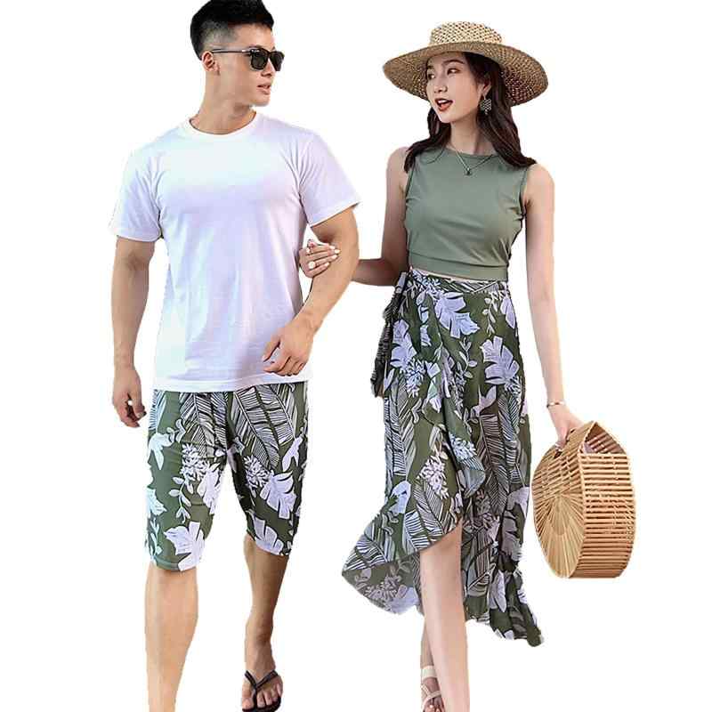 ペア水着 カップル 水着 レディース タンキニ 体型カバー ペアルック水着 サーフパンツ メンズ ハイネック バッククロス セパレート ノンワイヤー ショーツ グリーン 花柄 SISI098