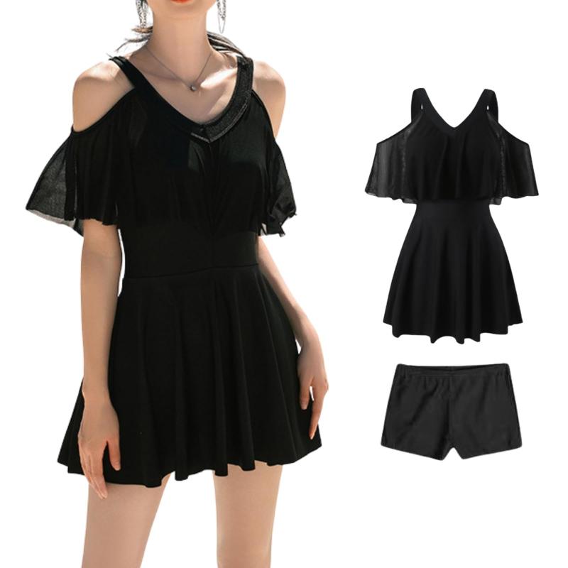 [SeiunAn] 水着 レディース ワンピース ショーツ 2点セット 体型カバー オフショルダー ノンワイヤー パッド付き フリル ゆったり 無地 露出控えめ ママ おしゃれ 韓国 ビーチ 海 プール