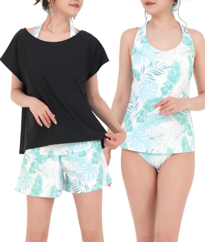 SWEET PASSION 水着 レディース 体型カバー 4点 セット タンキニ Tシャツ ハーフパンツ ショーツ（A2400）