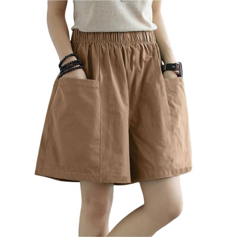 Yanvogue ショートパンツ レディース 綿麻 五分丈 夏 無地 超深型ポケット付き ゆったり 着痩せ 通気性 速乾 ウエストゴム カジュアル 半ズボン スポーツ アウトドア