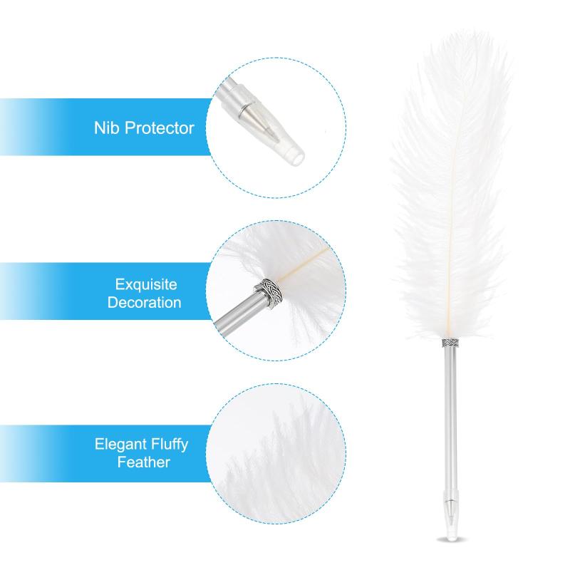 PATIKIL フェザーボールペン 2本 0.5mm ふわふわ ヴィンテージ インク 羽ペン 洗練されたメッキロッド 羽ペン 書道 署名 ゲスト ウェディングギフト ホワイト