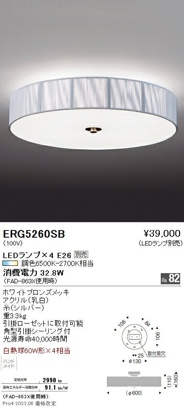 ERG5260SB 遠藤照明 シーリング【ランプ別売】