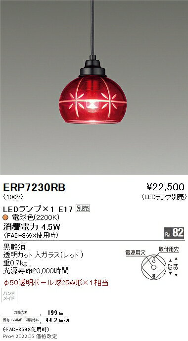 ERP7230RB 遠藤照明 切子硝子ペンダント 赤【ランプ別売】