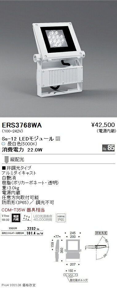 ERS3768WA 遠藤照明 Ss12 屋外スポットライト 5000K 縦配光