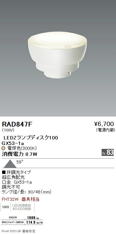 【5/10ポイント最大9倍(+SPU)】RAD847F 遠藤照明 LAMP Disk100 3000K 非調光 超広角