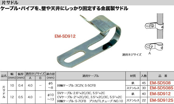 EM-SD912 ジェフコム 片サドル(鉄製、幅12・板厚0.5mm、適合径φ10-13mm、40個入)