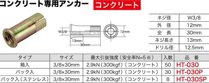 HT-030P ジェフコム ビルディングアンカー(ショートタイプ、サイズ3/8×30mm、パック入り30本)