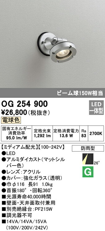 OG254900 オーデリック 屋外用LEDスポットライト[ミディアム配光](12.8W、電球色)