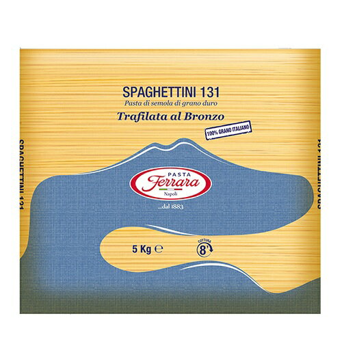 商品名 フェラーラ ブロンゾ スパゲッティ 5kg 1.7mm No.131 原材料名 デュラム小麦のセモリナ 内容量 5kg 保存方法 高温多湿を避けて保存してください 調理方法 ゆで時間7〜8分 輸入者 株式会社ニップン良質なデュラム小麦を使用したパスタです。 イタリアパスタ伝統のブロンゾダイスで表面がざらざらしたスパゲッティです。弾力のある食感はそのままに、もちもち感をプラス ゆで時間　約7〜8分 フェラーラ社はナポリの地に根差して130年以上、五世代に渡り受け継がれる情熱と卓越した技術でパスタにかける熱い情熱と技術を代々引き継いでいます。 現在は五代目となるルッカ・フェラーラが率いるフェラーラ社。弛まぬイノベーションでイタリア内外から絶大なる信頼を受け、発展を続けています。 ≪「フェラーラ」パスタのご紹介≫ ●はずむような弾力と長く続くアルデンテ 　口の中ではずむような『しなやかな』食感と、経時変化に強いイタリアンパスタ独特の変わらぬ『アルデンテ』が特長です。 ● 厳選された原料を使用 　フェラーラパスタには良質なデュラムの産地プーリア州で収穫されたデュラム小麦を中心に、厳しい品質規格に適合した原料のみを使用しています。