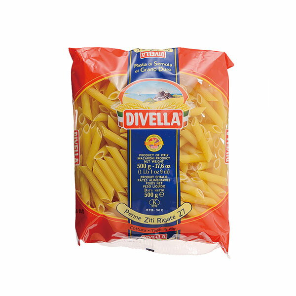 ショートパスタの王道。おすすめはトマトをたっぷり使ったアラビアータ。 【ディヴェッラ（DIVELLA）とは】 イタリア南部プーリア州バーリで116年の歴史を誇るDIVELLA社が製造するイタリアンパスタの ブランドです。 『イタリア全国消費者連合会』品質テストにおいて、 イタリア国内の主要パスタの中で、『固さ』・『均一性』・『密着度』・『風味』・ 『品質持続』の5項目の平均で、最高評価を獲得しています。 本場のイタリアでも、数あるブランドの中で全国シェア第2位。 地元の南部では16％のシェアを誇り、生産量の約100％が国内で消費される、 イタリアの定番パスタの1つです。 ・原材料名 デュラム小麦のセモリナ ・内容量 500g ・原産国名 イタリア ・保存方法 高温多湿、直射日光を避けて常温で保存してください。 ・標準茹で時間 11〜12分ディベラ　No27　ペンネ　500g 【茹で時間】 約11〜12分 【内容量】 500g 【ブランド名】 ディヴェッラ DIVELLA 【品名】 マカロニ(ペンネリガーテ) 【原材料】 デュラム小麦のセモリナ 【保存方法】 直射日光、高温多湿を避け、常温で保存。 【原産国】 イタリア 【輸入者】 兼松株式会社 &nbsp; ・イタリア国内シェアNo2のパスタメーカー ・本場のイタリア人が認めた味と品質 ショートパスタの王道。おすすめはトマトをたっぷり使ったアラビアータ。 【ディヴェッラ（DIVELLA）とは】 イタリア南部プーリア州バーリで116年の歴史を誇るDIVELLA社が製造するイタリアンパスタのブランドです。 『イタリア全国消費者連合会』品質テストにおいて、イタリア国内の主要パスタの中で、『固さ』・『均一性』・『密着度』・『風味』・『品質持続』の5項目の平均で、最高評価を獲得しています。 本場のイタリアでも、数あるブランドの中で全国シェア第2位。地元の南部では16％のシェアを誇り、生産量の約100％が国内で消費される、イタリアの定番パスタの1つです。 　