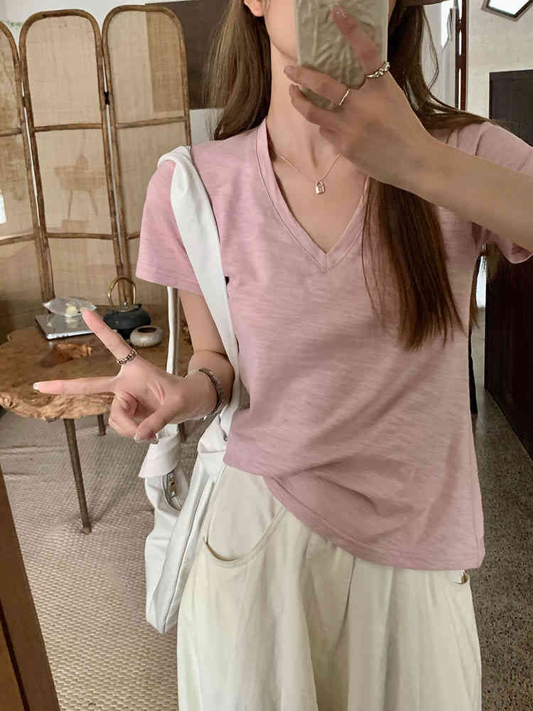 Rakuten - vネックtシャツ レディース 夏 半袖 コットン シンプル 着瘦せ きれいめ カジュアル 通気