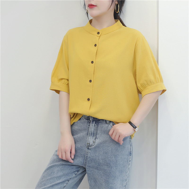 Rakuten - シャツ ブラウス リネンシャツ 綿麻 レディース 半袖 バンドカラー ゆったり 体型カバー 大きいサイズ