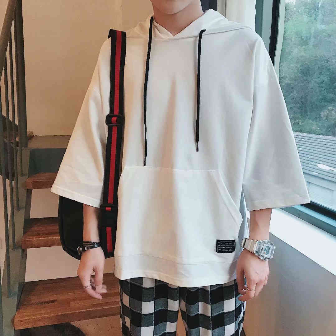 パーカー メンズ 半袖 薄手 無地 半袖パーカー 5分袖 7分袖 黒 ブラック グレー 部屋着 ゆったり 韓国ファッション カジュアル